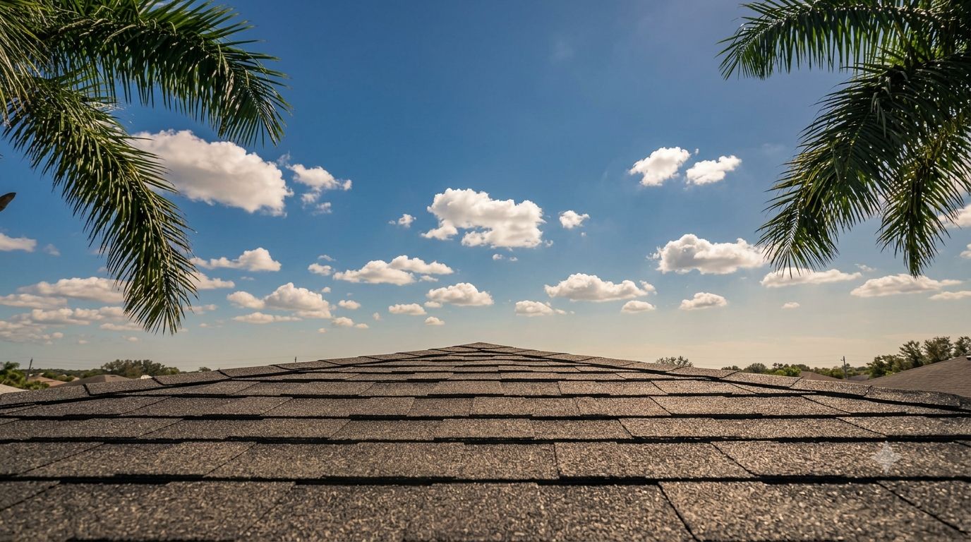 Asphalt shingle rooftop ridge under a bright blue sky, palm fronds at the edges of the frame